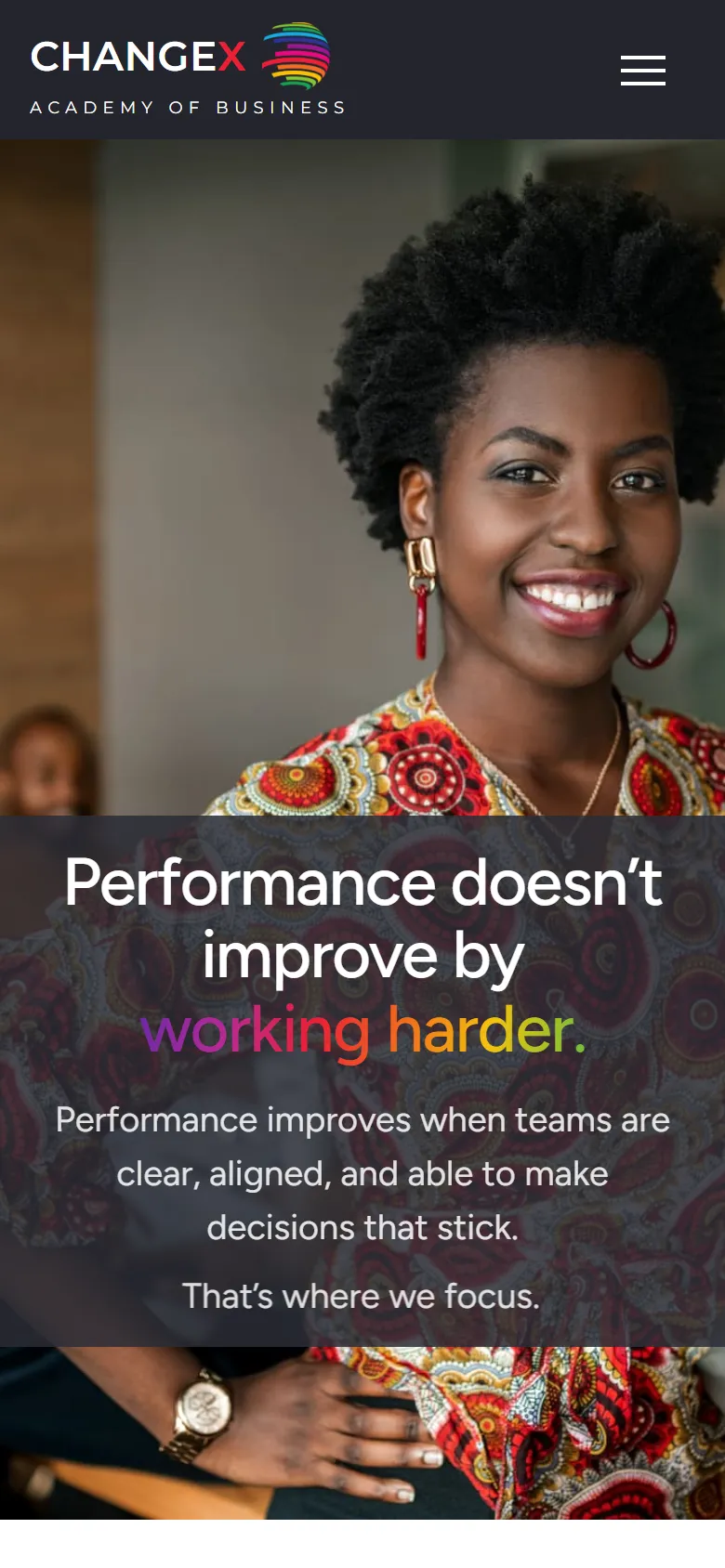 Change_X Academy of Business mobile homepage screenshot