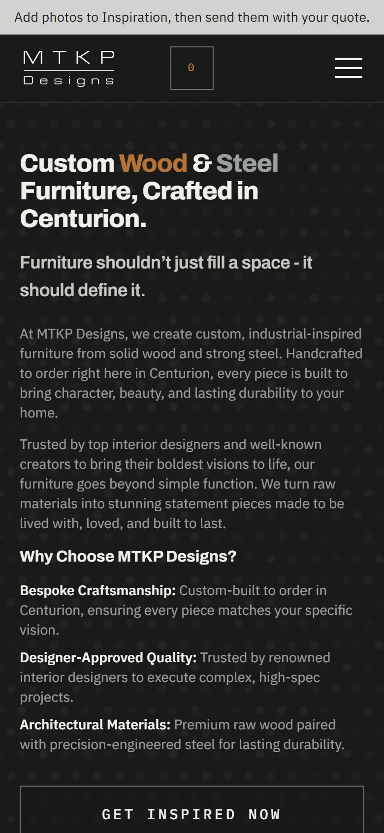 MTKP Designs mobile homepage screenshot